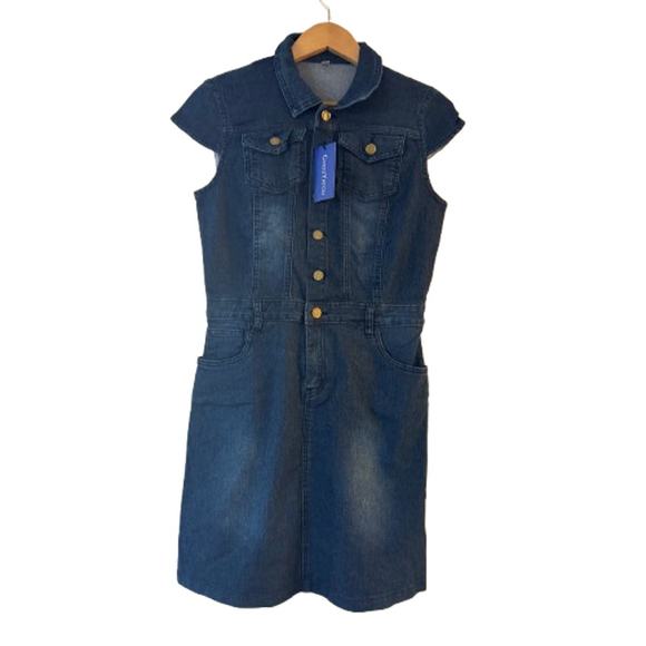 NEW Chouyatou Cap Sleeve Bodycon 1/2 Button Placket Mini Denim Pencil Dress M - Picture 2 of 13